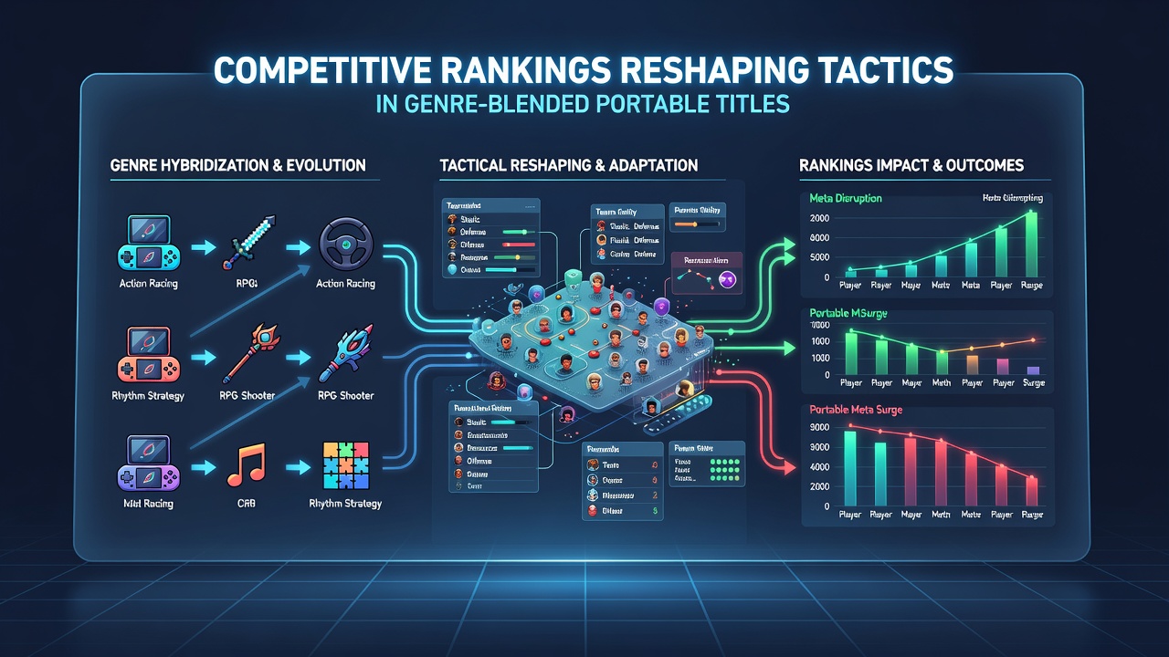 Players analyzing competitive rankings and tactical adjustments on portable devices during genre-blended gameplay sessions