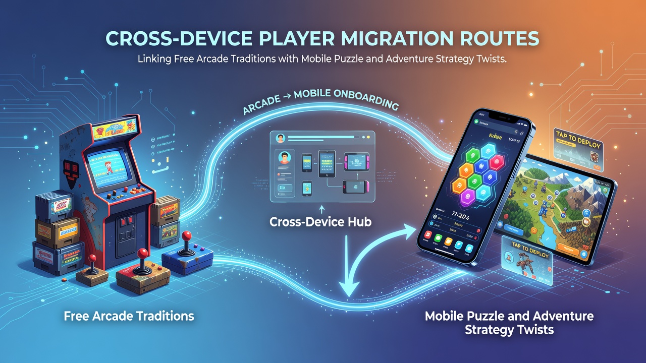 Illustration showing players transitioning from arcade machines to mobile devices with puzzle and adventure game elements