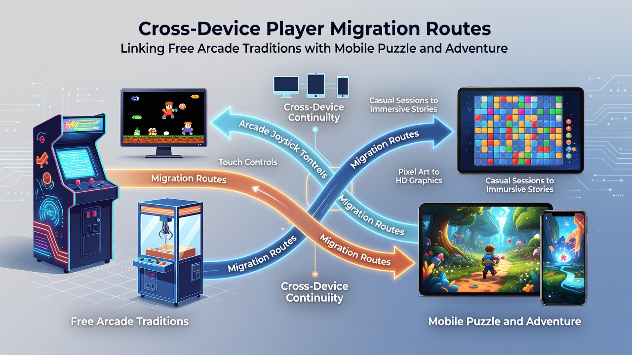 Diagram mapping player routes from browser arcade sessions to mobile puzzle adventure games with strategy components