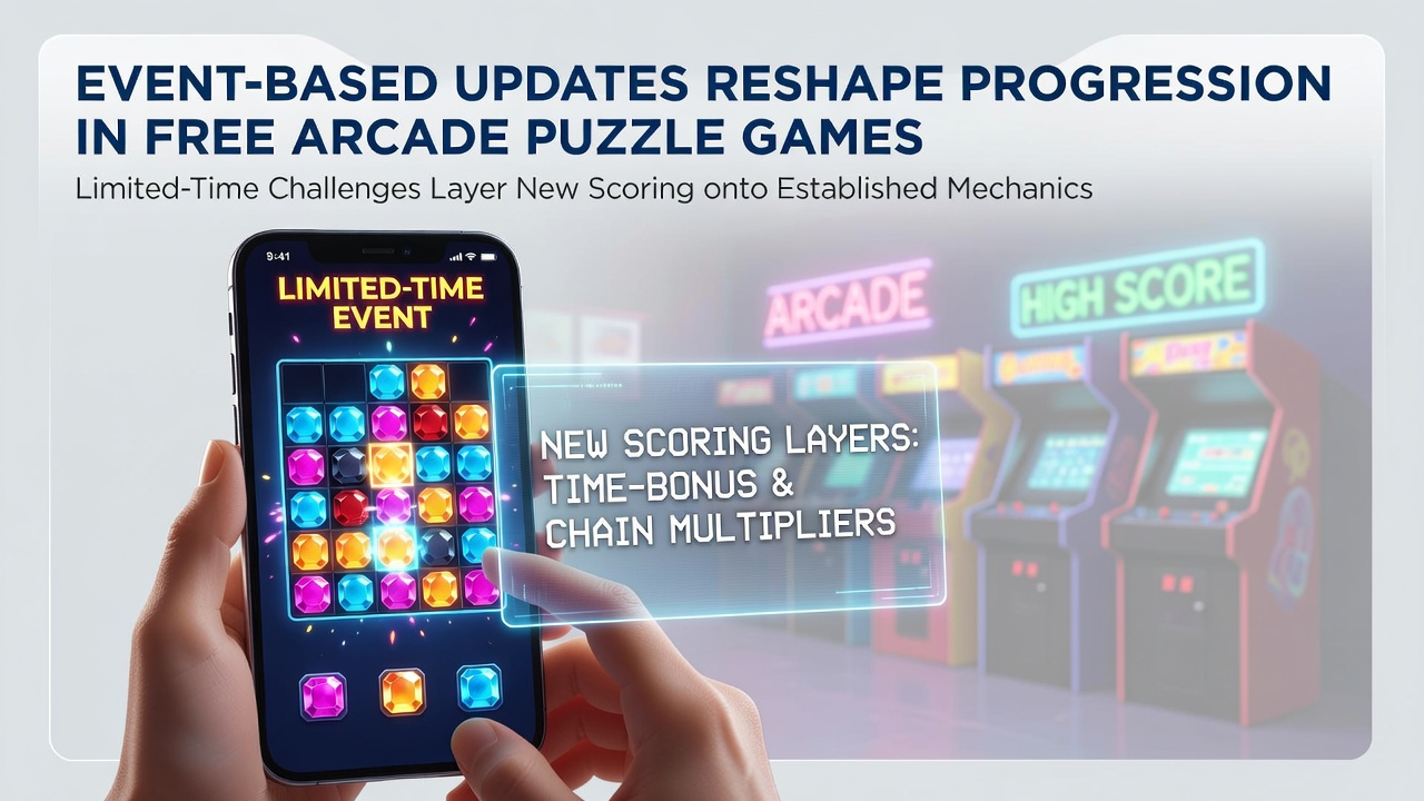 Portable puzzle game screen displaying an active limited-time event with layered scoring multipliers and new challenge objectives overlaid on classic mechanics