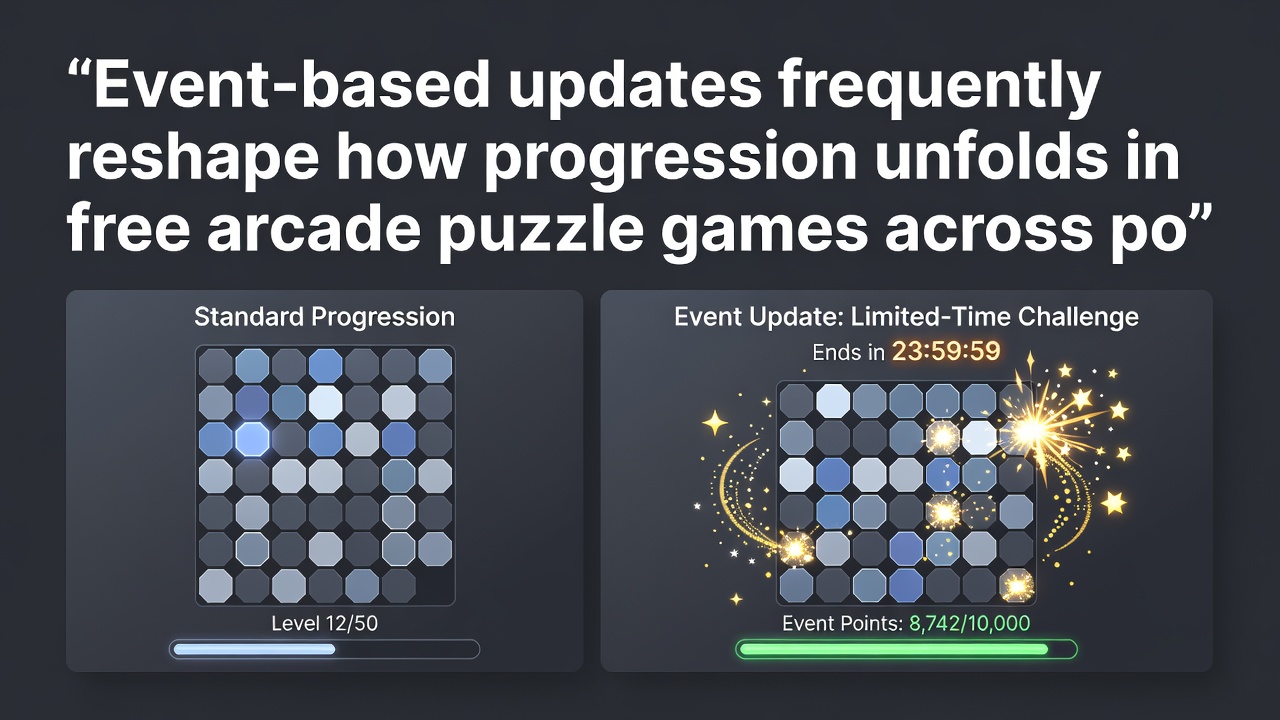 Multiple portable devices showing synchronized event leaderboards and layered scoring interfaces in arcade puzzle games