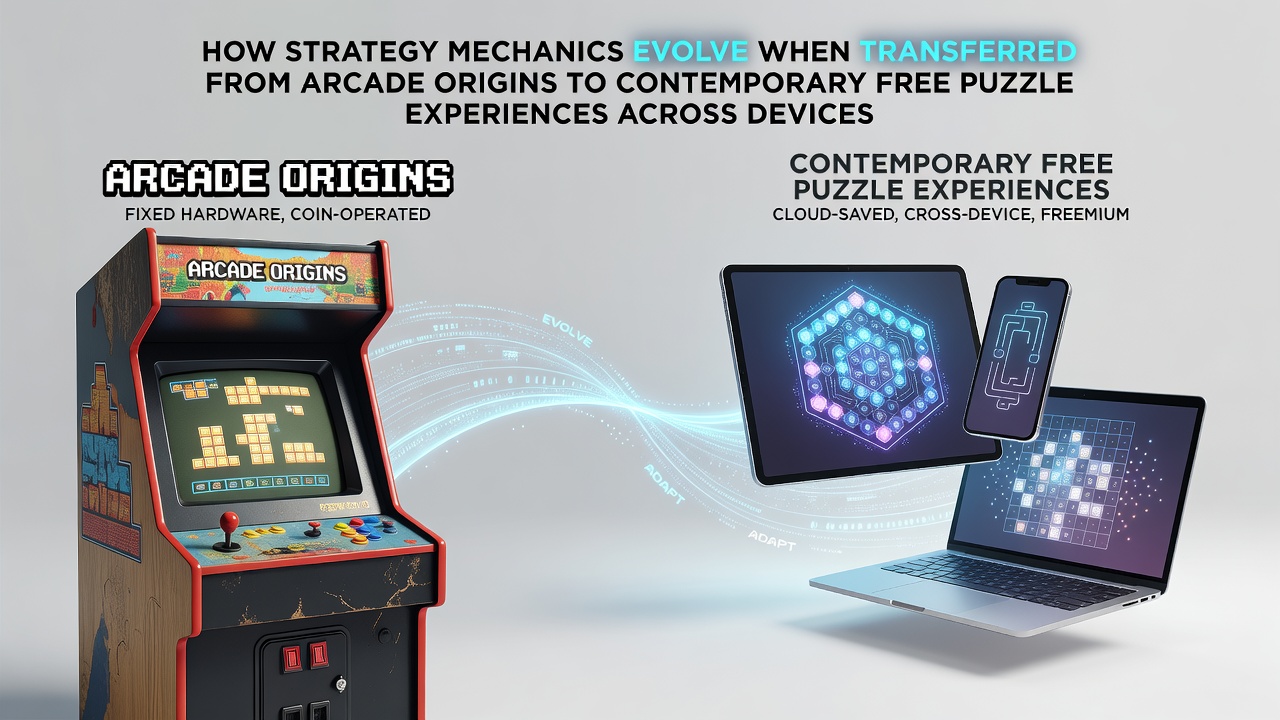 Arcade cabinet showing classic strategy puzzle interface transitioning to mobile screen views