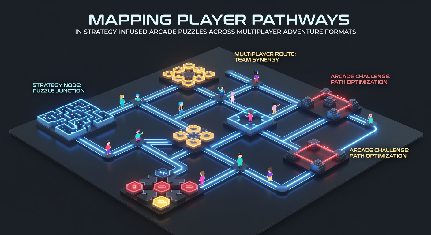 Visual diagram showing interconnected player pathways through strategy-infused arcade puzzle levels in a multiplayer adventure setting
