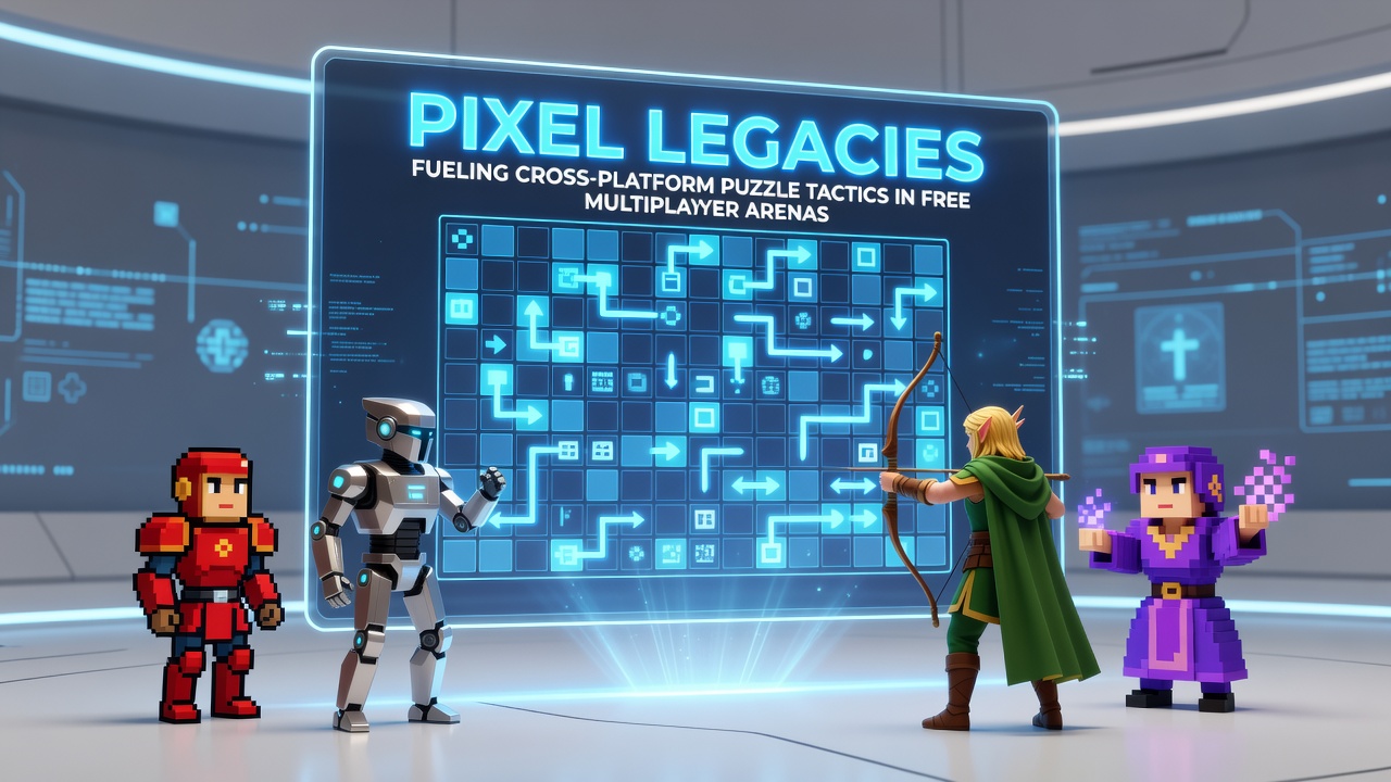 Pixel art elements blending with modern multiplayer puzzle interfaces across browser and mobile platforms
