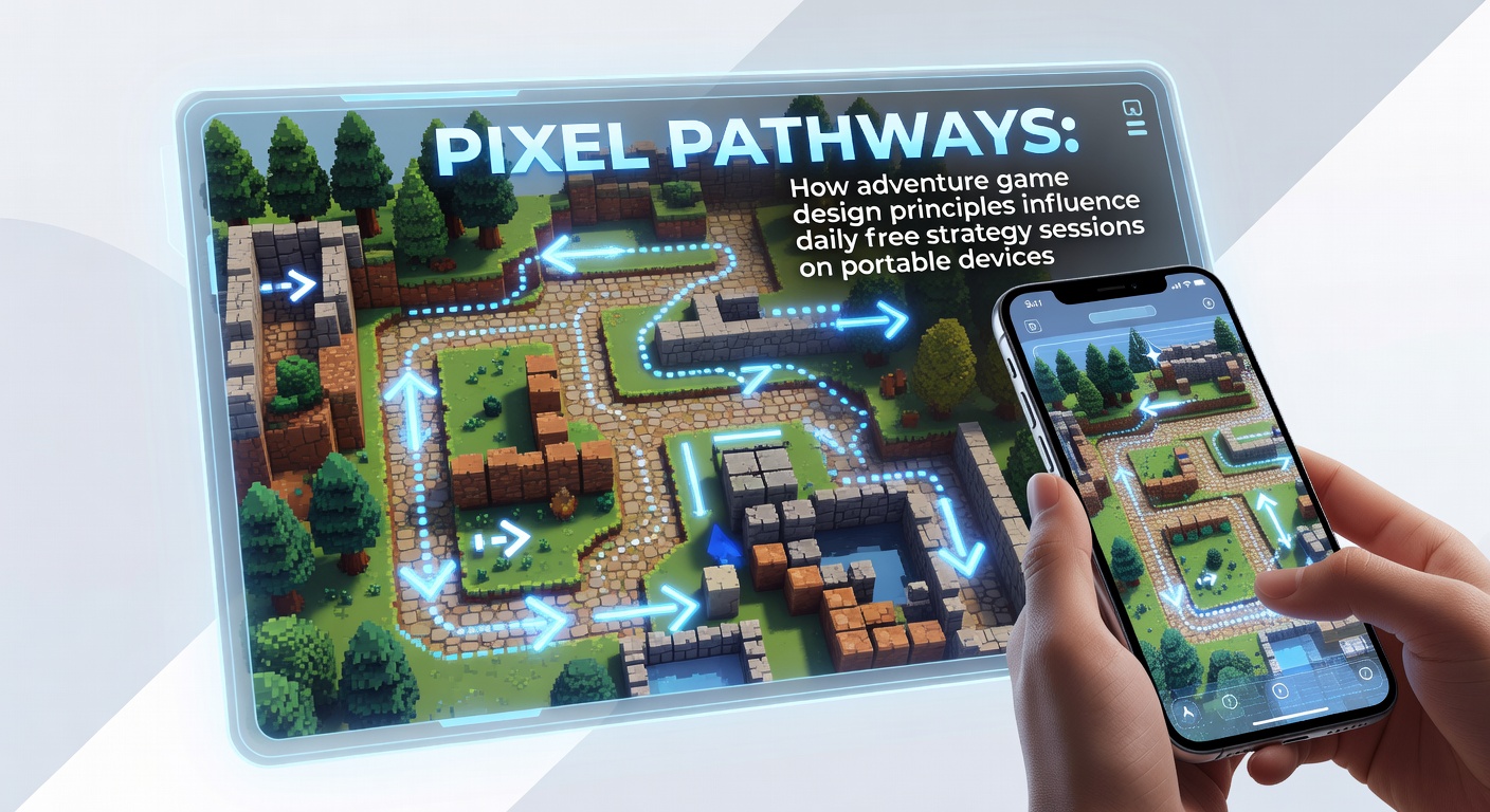 Illustration of pixel art pathways connecting adventure exploration elements to strategy gameplay on mobile screens