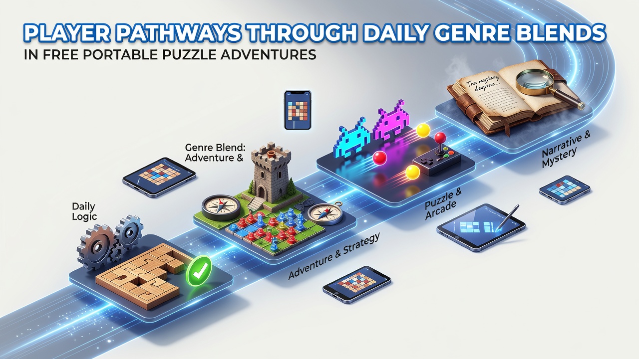 Illustration of player progression routes through genre-blended puzzle adventures on mobile devices