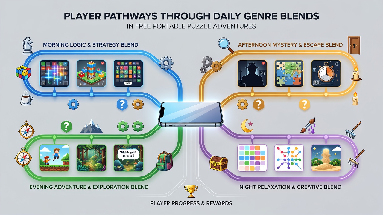 Diagram showing daily reset cycles and genre transition points in free portable puzzle games