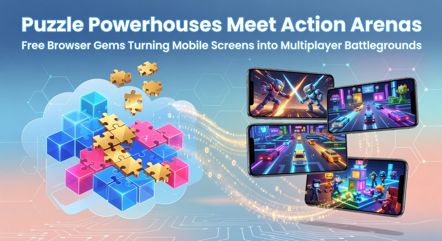Vibrant screenshot of a multiplayer puzzle-action browser game on a mobile screen, showing players competing in a dynamic arena with colorful puzzles and fast-paced battles