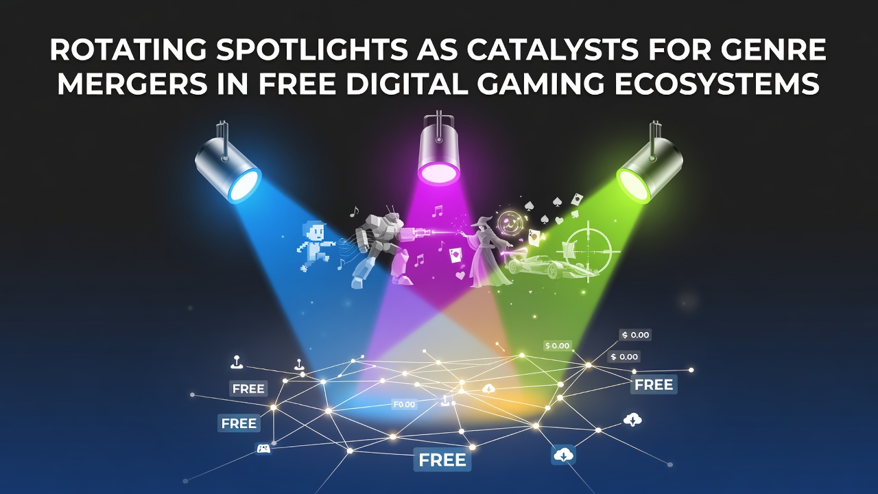 Rotating spotlights highlighting hybrid games across free gaming platforms