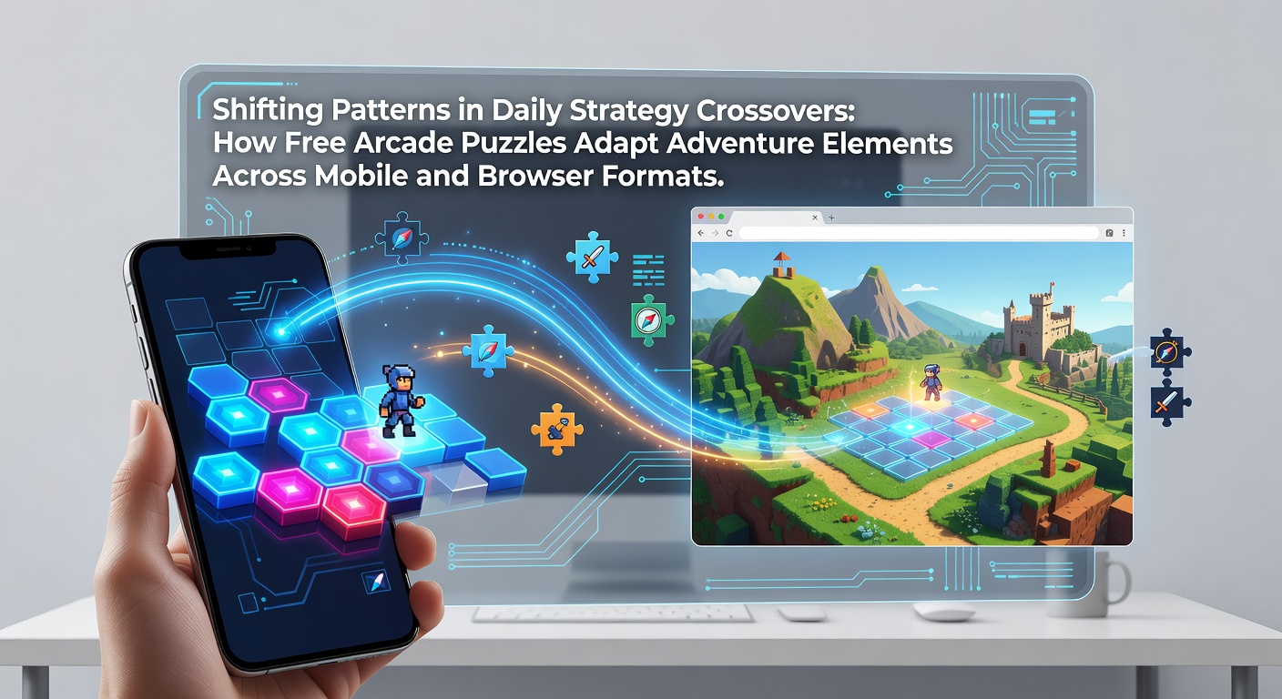 Visual representation of free arcade puzzle mechanics merging with adventure exploration elements across mobile and browser platforms