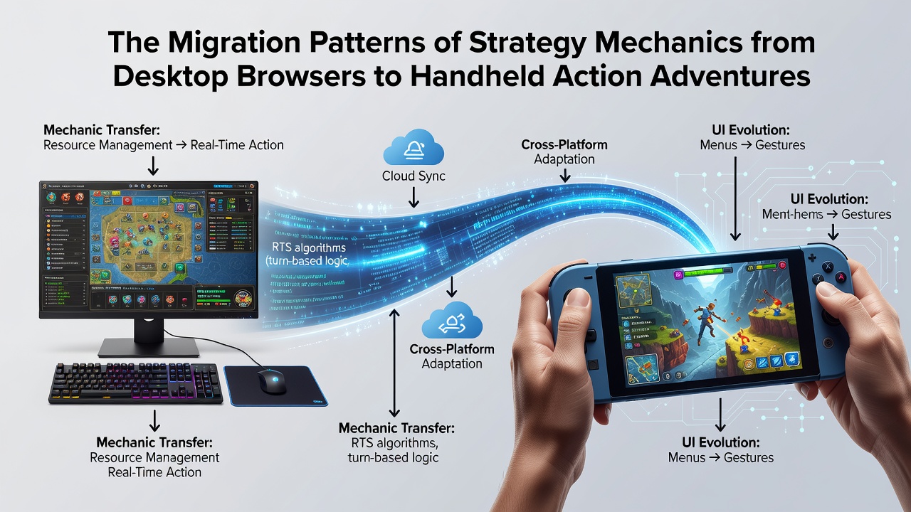 Handheld device displaying action adventure gameplay with overlaid strategy elements like resource meters and unit commands