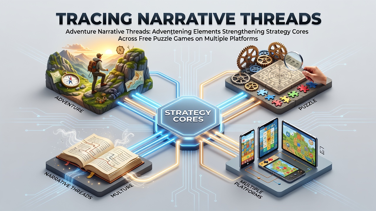 Free puzzle game interface showing adventure narrative elements integrated with strategy mechanics on a mobile screen and browser window side by side