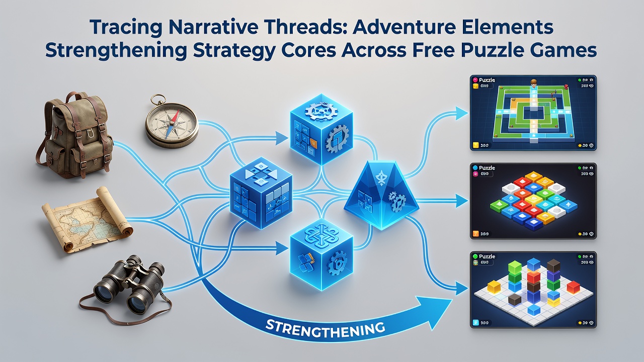 Player navigating a narrative-driven strategy puzzle level with overlaid story map and resource indicators on tablet and laptop devices