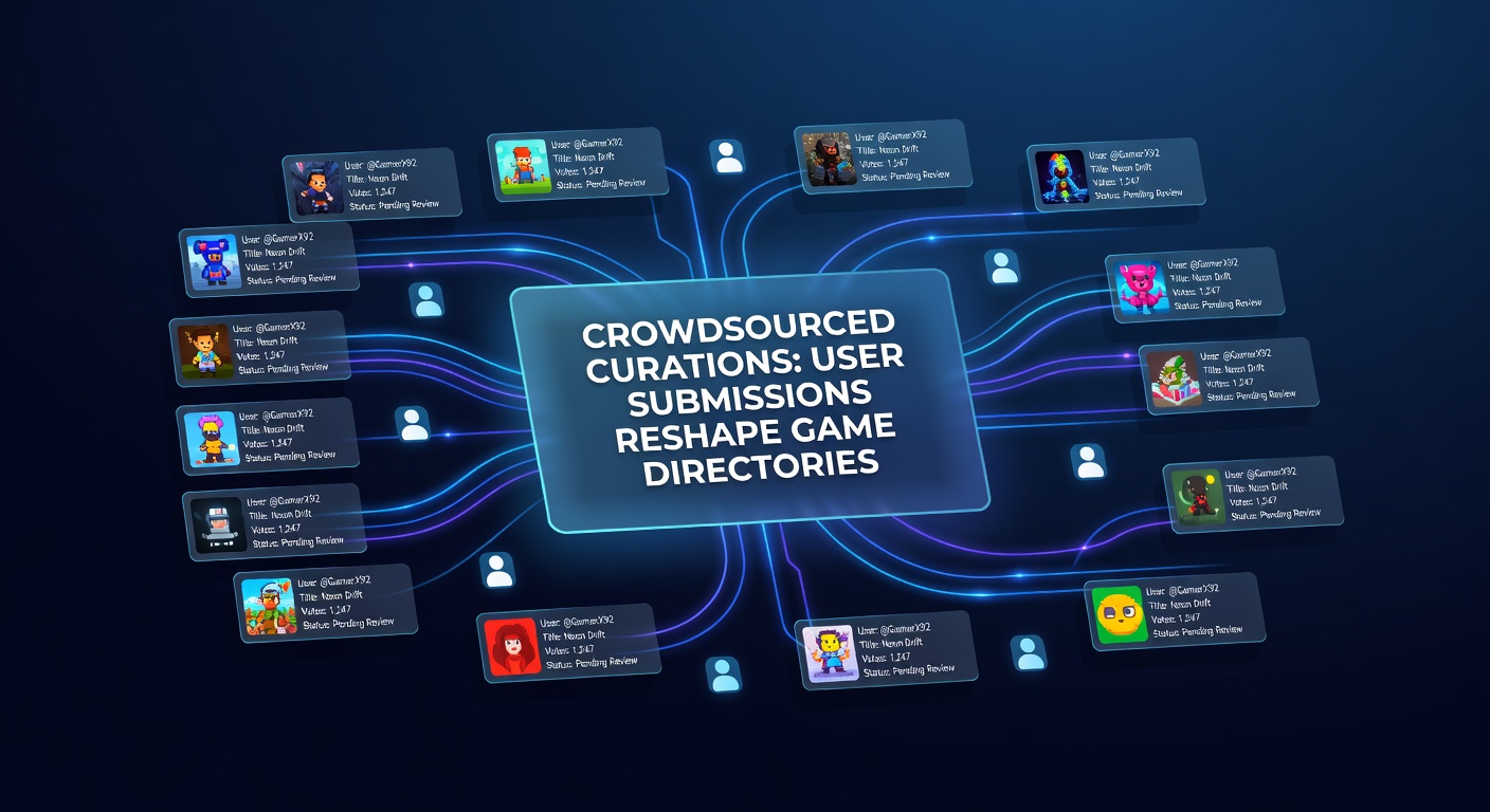 Diverse users collaborating on a digital game directory interface, highlighting submission forms and community ratings